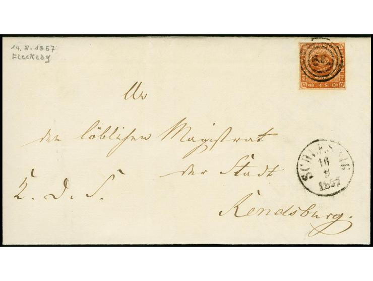 "Fleckebyer 14 Aug. 1857", innen datierter Faltbrief über Schleswig nach Rendsburg, frankiert mit Dänemark 4 S. braun, mit Nr