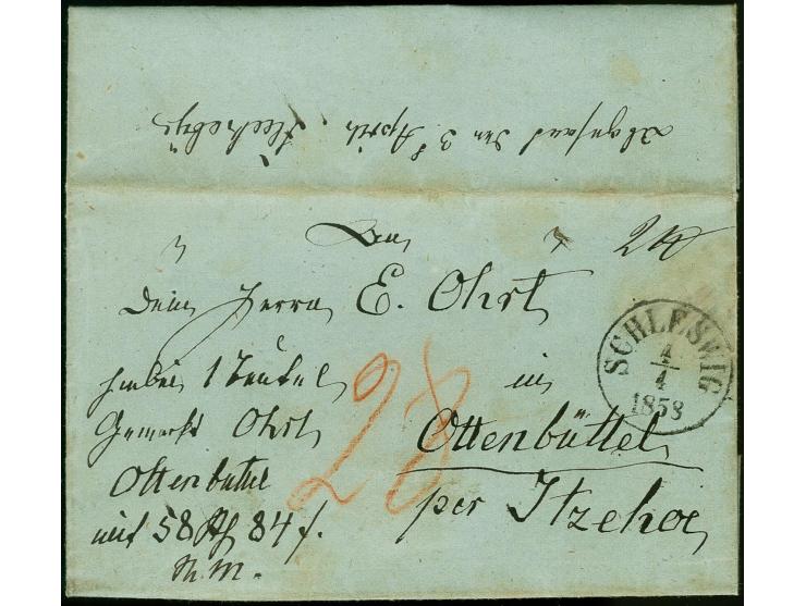 "Fleckebys 3. April", handschriftlicher Aufgabevermerk rückseitig auf kleinem Wertbrief mit vorderseitigem Aufgabestempel "SC