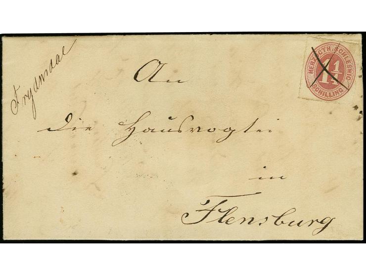 "Frydendal", handschriftlicher Aufgabevermerk vorderseitig auf Faltbrief nach Flensburg, frankiert mit Herzogth. Schleswig 1¼