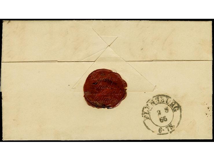 "Frydendal", handschriftlicher Aufgabevermerk vorderseitig auf Faltbrief nach Flensburg, frankiert mit Herzogth. Schleswig 1¼