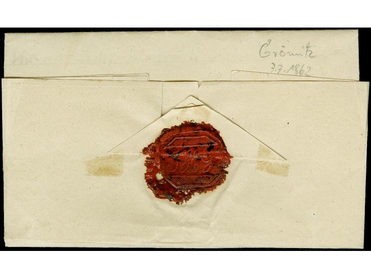 "Grömitz 7. Juli 1862", innen datierter Paketbegleitbrief nach Schleswig mit vorderseitigem blauen Aufgabestempel "NEUSTADT 8