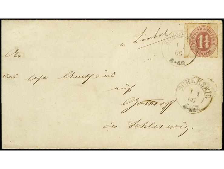 "v. Brebel", handschriftlicher Aufgabevermerk vorderseitig auf Briefhülle nach Schleswig, frankiert mit Herzogth. Schleswig 1