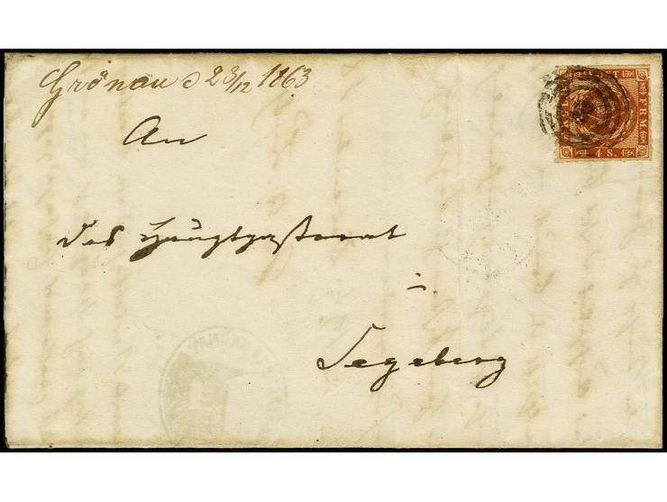 "Grönau d 23/12 63", handschriftlicher Aufgabevermerk vorderseitig auf Faltbrief nach Segeberg, frankiert mit Dänemark 4 S. b