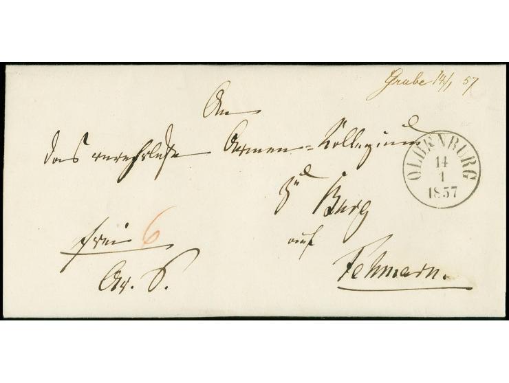 "Grube 14/1 57", handschriftlicher Aufgabevermerk vorderseitig auf Faltbrief nach Burg auf Fehmarn, vorderseitig mit Aufgabes