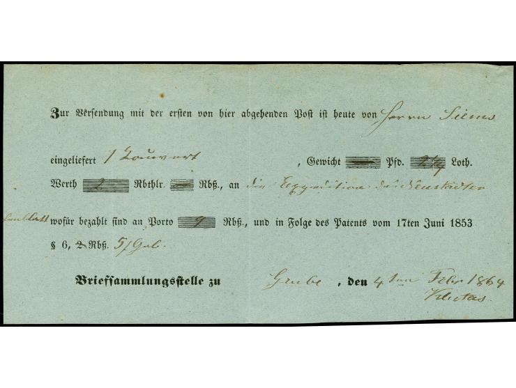 Grube, Posteinlieferungsschein der Briefsammelstelle vom 4. Februar 1864, der 4. Tag des 2. deutsch-dänischen Krieges, tadell