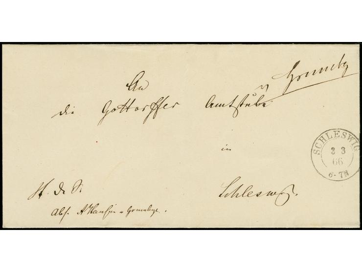 "v. Grumby", handschriftlicher Aufgabevermerk vorderseitig auf Faltbriefhülle nach Schleswig mit vorderseitigem Ankunftsstemp
