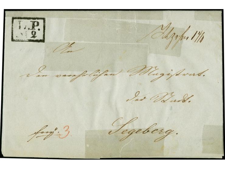 Hanerau, "L.P. No 2", schwarzer Ra2 und handschriftlicher Aufgabevermerk "Itzehoe 14/11" vorderseitig auf Faltbrief nach Sege