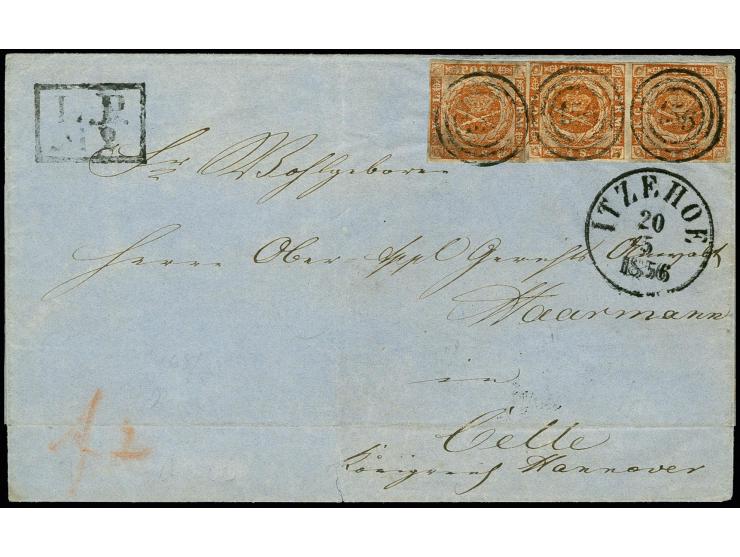 Hanerau, "L.P. No. 2", schwarzer Ra2 sowie EKr. "ITZEHOE 20 5 1856" auf Faltbriefhülle nach Celle, frankiert mit waagerechtem