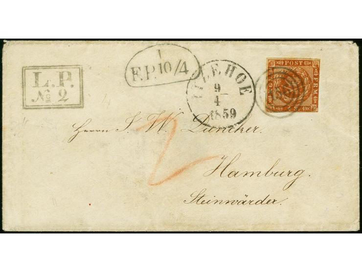 Hanerau, "L.P. No 2", schwarzer Ra2 auf kleinem Umschlag nach Hamburg frankiert mit Dänemark 4 S. braun mit Nr. "156" und Auf