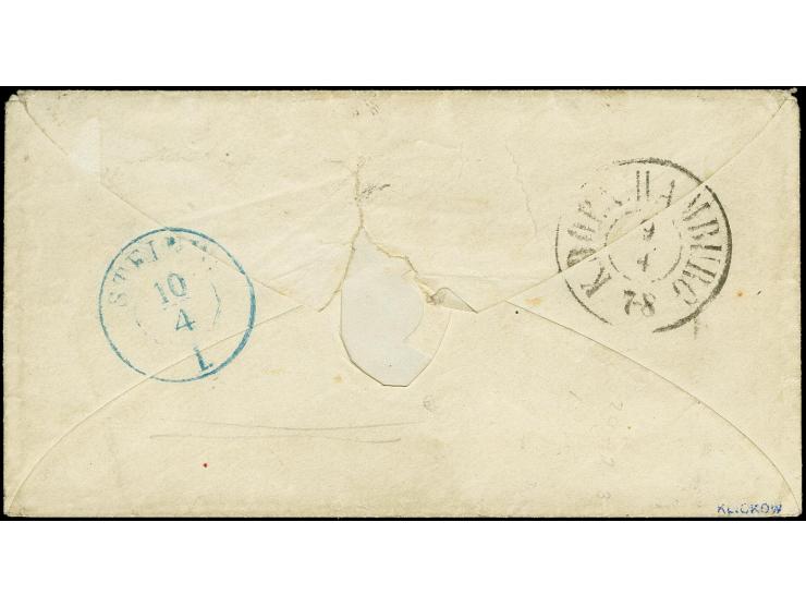 Hanerau, "L.P. No 2", schwarzer Ra2 auf kleinem Umschlag nach Hamburg frankiert mit Dänemark 4 S. braun mit Nr. "156" und Auf
