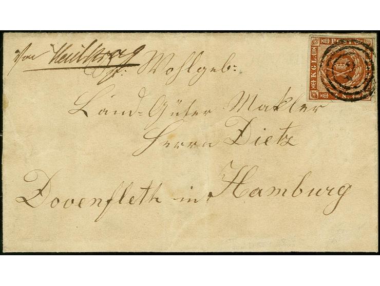 "von Heidkrug", handschriftlicher Aufgabevermerk vorderseitig auf kleiner Faltbriefhülle nach Hamburg, frankiert mit Dänemark