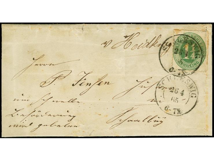 "v Heidkrug", handschriftlicher Aufgabevermerk vorderseitig auf Faltbriefhülle nach Schaalby, frankiert mit Herzogth. Schlesw