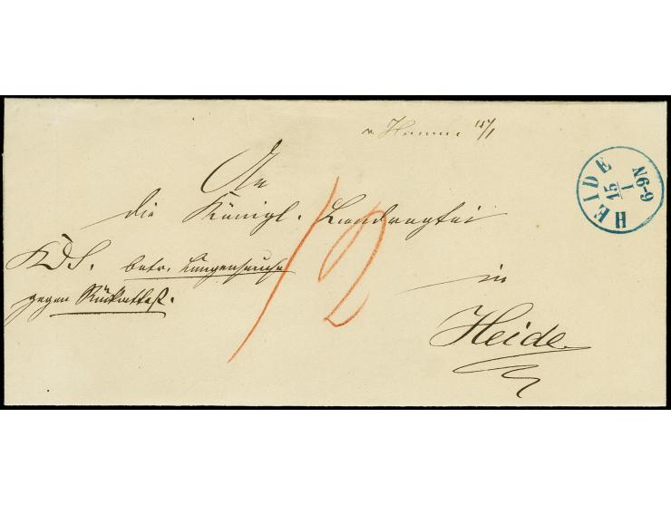 "v. Hemme 15/1", handschriftlicher Aufgabevermerk vorderseitig auf Faltbriefhülle mit blauem Aufgabestempel "HEIDE 15/1", ein