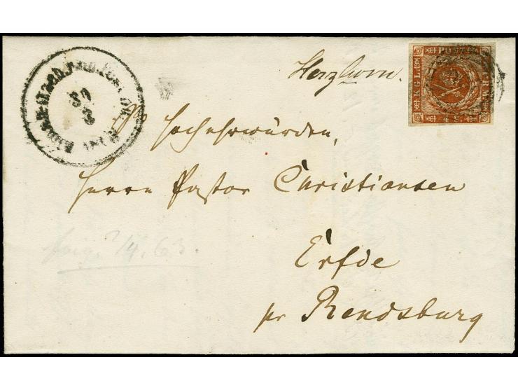 "Herzhorn", handschriftlicher Aufgabevermerk vorderseitig auf Faltbrief nach Erfde, frankiert mit Dänemark 4 S. braun mit Nr.