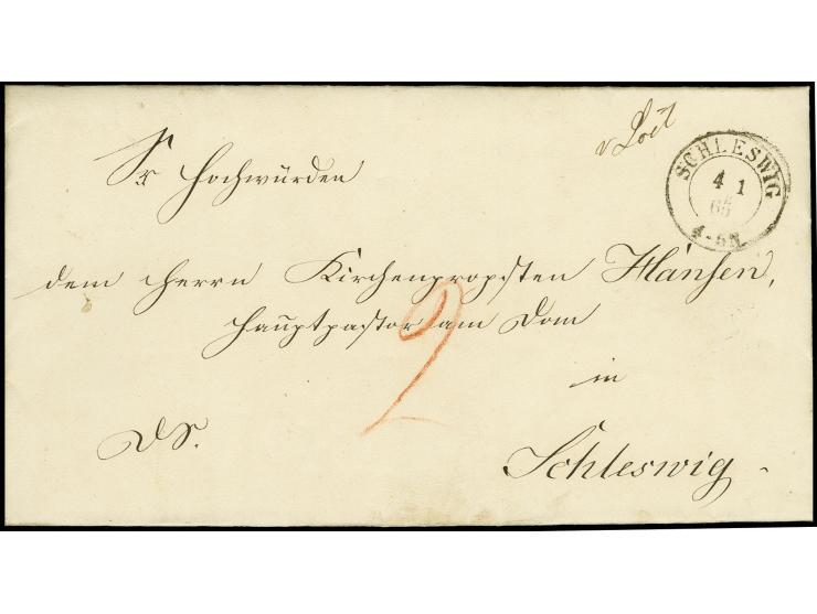 "v Loit", handschriftlicher Aufgabevermerk vorderseitig auf Faltbrief nach Schleswig, vorder- und rückseitig je mit DKr. "SCH