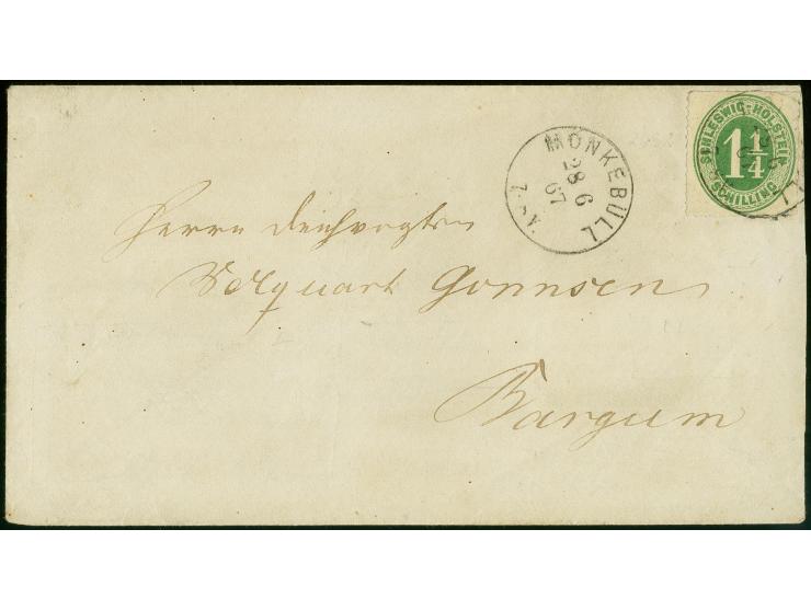 "MONKEBÜLL 28 6 67", als Aufgabe- und Entwertungsstempel auf Umschlag nach Bargum, frankiert mit Schleswig-Holstein 1¼ S. grü