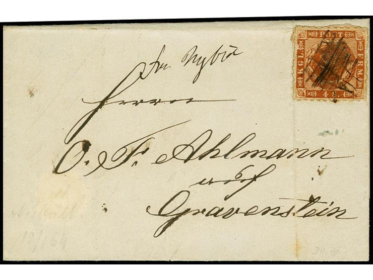 "fra Nyböl", handschriftlicher Aufgabevermerk vorderseitig auf kleinem Faltbrief nach Gravenstein, frankiert mit Dänemark 4 S