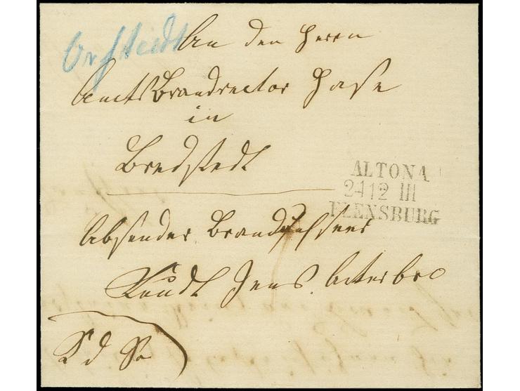 "Orstedt", handschriftlicher Aufgabevermerk in blauer Kreide vorderseitig auf kleinem Faltbrief nach Bredstedt mit Aufgabeste