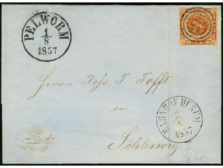 "PELWORM 1/8 1857", EKr. vorderseitig auf Faltbriefhülle nach Schleswig, frankiert mit Dänemark 4 S. braun mit Nr. "31" und n