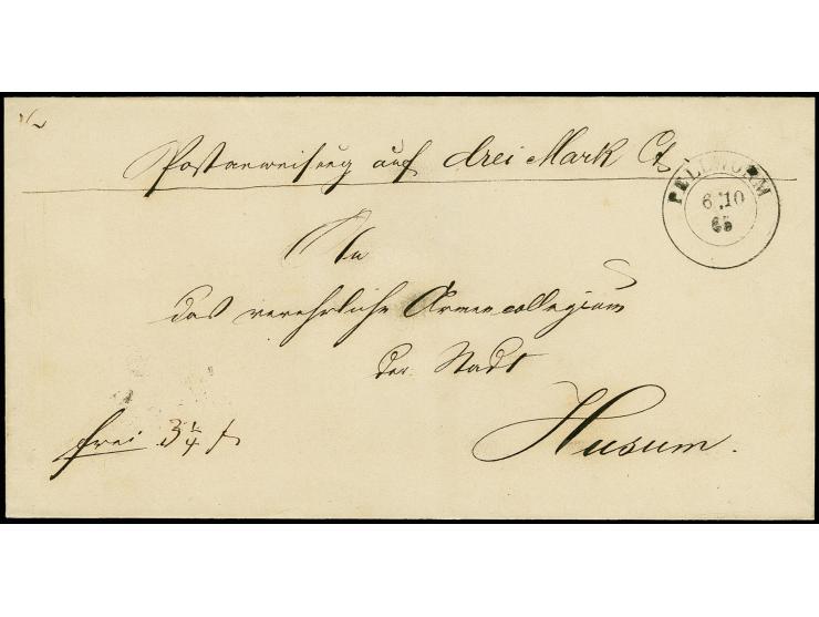 "PELLWORM 6 10 65", preußischer DKr. auf Postanweisung nach Husum, Stempel dieses Typs sind bis auf fünf Ausnahmen (neben Pel