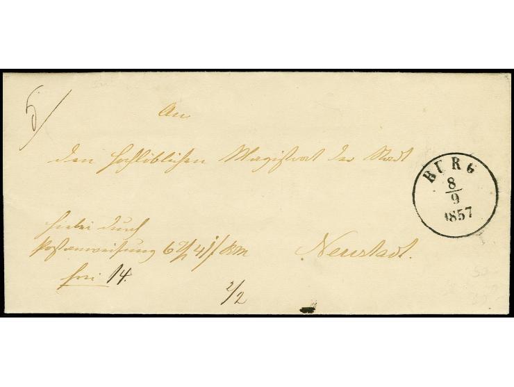 Petersdorf, Postanweisungsbrief nach Neustadt im Herzogtum Holstein, vorderseitig mit EKr. "BURG 8/9 1857", tadellos