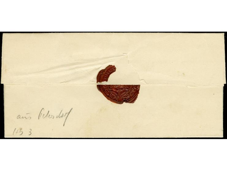 Petersdorf, Postanweisungsbrief nach Neustadt im Herzogtum Holstein, vorderseitig mit EKr. "BURG 8/9 1857", tadellos