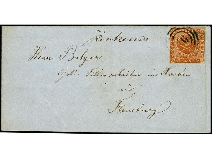 "Rinkenis", handschriftlicher Aufgabevermerk vorderseitig auf kleinem Faltbrief nach Flensburg, frankiert mit Dänemark 4 S. b