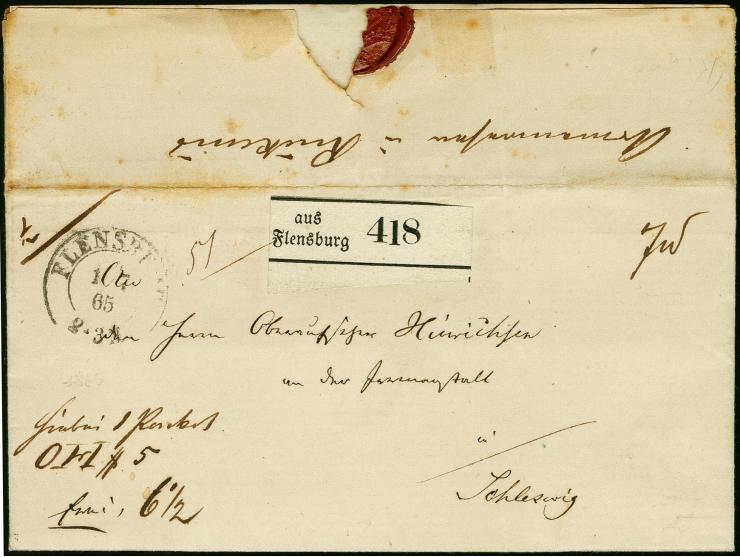 "Rinkenis d. 28 Juni 1865", innen datierter Paketbegleitbrief nach Schleswig, rückseitiger Vermerk "Armenwesen in Rinkenis", 