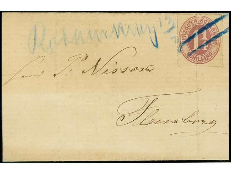 "Rothenkrug 13/3", handschriftlicher Aufgabevermerk in blauer Kreide vorderseitig auf kleinem Faltbrief nach Flensburg, frank