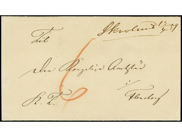 "Skovlund 13/4 59", handschriftlicher Aufgabevermerk vorderseitig auf kleiner Faltbriefhülle nach Flensburg, tadellos
Abgebi