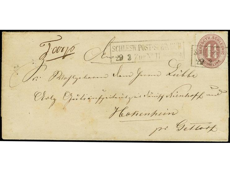 "Tarp", handschriftlicher Aufgabevermerk vorderseitig auf Faltbriefhülle nach Hohenheim, frankiert mit Herzogth.-Schleswig 1¼