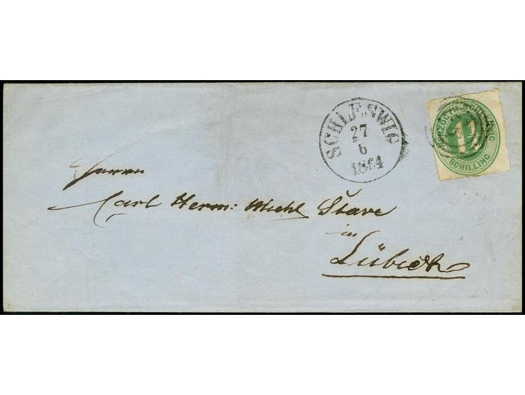 "Abgang von Ulsbye per Schleswig b. 6 27 64", rückseitig auf Faltbriefhülle nach Lübeck, frankiert mit Herzogth.-Schleswig 1¼