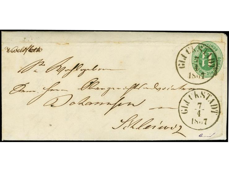"Wewelsfleth", handschriftlicher Aufgabevermerk auf Faltbrief von "Luxbrücke pr. Itzehoe" nach Schleswig, frankiert mit Schle