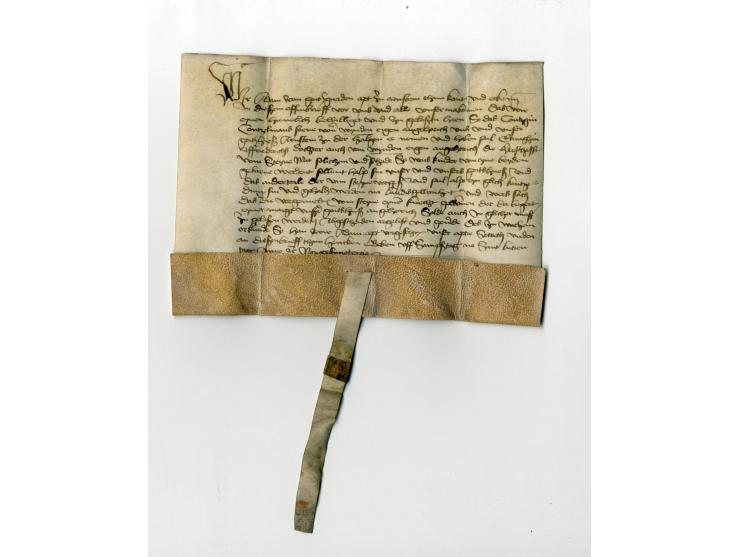 1493, Schreiben des Abtes Adam vom Kloster Arnstein auf Schweinsleder (ohne Siegel) betreffend die Hochzeit von Leibeigenen, 