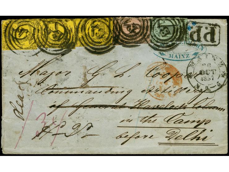 1852, 1 Kr. auf olivgrau, 6 Kr. auf graurot und 3 Werte 9 Kr. auf gelb, alle in üblichem Schnitt und um den Rand des Briefes 
