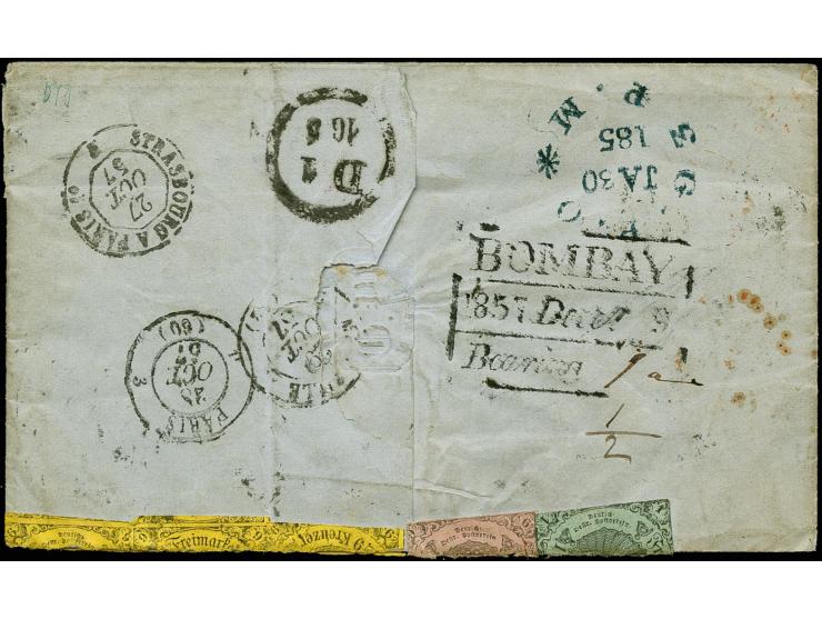 1852, 1 Kr. auf olivgrau, 6 Kr. auf graurot und 3 Werte 9 Kr. auf gelb, alle in üblichem Schnitt und um den Rand des Briefes 
