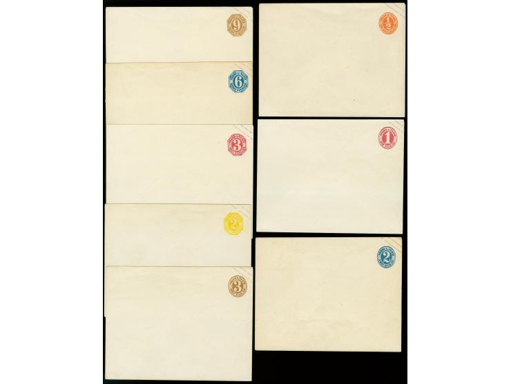 1861, Überdruck lila, Umschlag ½ Sgr. orange.-9 Kr. braun im Großformat, der kpl. Satz ungebraucht, rückseitig kleine Falzspu