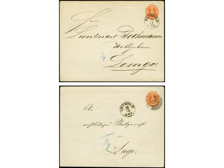 1861, Überdruck lila: Umschlag ½ Sgr. orange im Großformat, 2 Stück, einmal mit Nr. "321" und nebengesetztem EKr. "DETMOLD 14