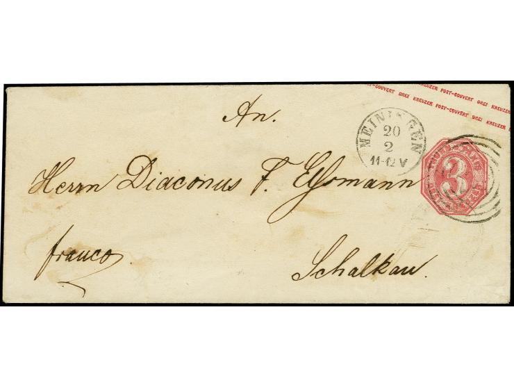 1865, Umschlag 3 Kr. rosa im Damenformat mit leicht aufgesetzter Nr. "258" und sauber nebengesetztem Fingerhutstempel "MEININ
