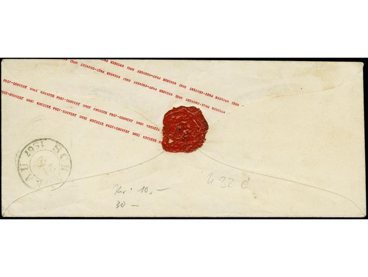 1865, Umschlag 3 Kr. rosa im Damenformat mit leicht aufgesetzter Nr. "258" und sauber nebengesetztem Fingerhutstempel "MEININ