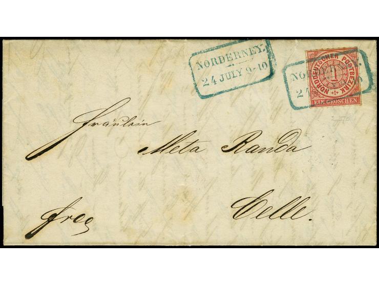 1868, 1 Gr. karmin mit sauber auf- und nebengesetztem blauen Ra2 "NORDERNEY. / 24 JULY 9-10" auf kpl. Faltbrief nach Celle; i