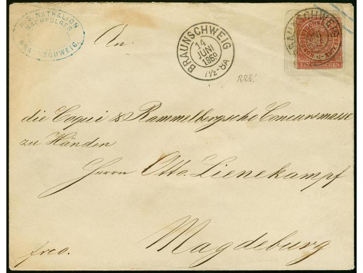 AUFBRAUCHSAUSGABEN: Umschlag 1 Gr. rosa auf Braunschweig 3 Gr. braun im Großformat mit DKr. "BRAUNSCHWEIG 14 JUNI 1869" nach 