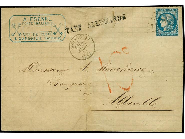 "10 c", der rote Taxstempel von Abbeville auf kpl. Faltbrief mit Bordeaux 20 C. von "WOINCOURT 22 MARS 71" nach Abbeville mit