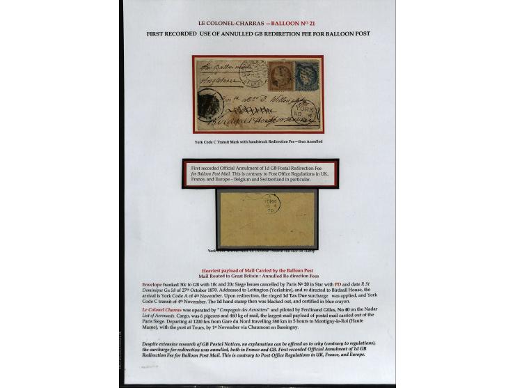 BALLON MONTÉ: 1870/71, Sammlungsbestand von über 50 Briefen, meist ausstellungsmäßig aufgezogen und ausführlich beschrieben, 