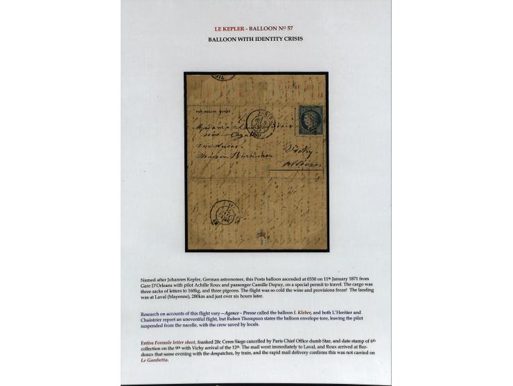 BALLON MONTÉ: 1870/71, Sammlungsbestand von über 50 Briefen, meist ausstellungsmäßig aufgezogen und ausführlich beschrieben, 