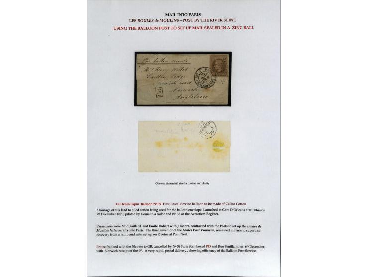 BALLON MONTÉ: 1870/71, Sammlungsbestand von über 50 Briefen, meist ausstellungsmäßig aufgezogen und ausführlich beschrieben, 