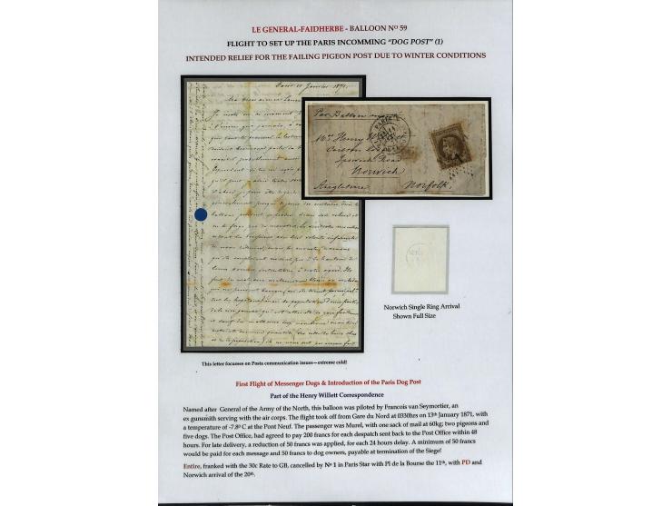 BALLON MONTÉ: 1870/71, Sammlungsbestand von über 50 Briefen, meist ausstellungsmäßig aufgezogen und ausführlich beschrieben, 
