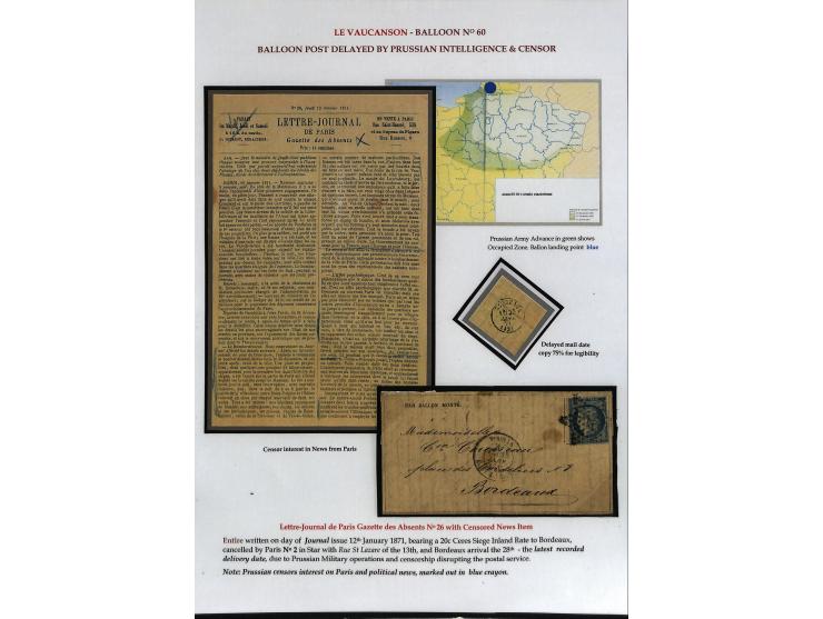BALLON MONTÉ: 1870/71, Sammlungsbestand von über 50 Briefen, meist ausstellungsmäßig aufgezogen und ausführlich beschrieben, 