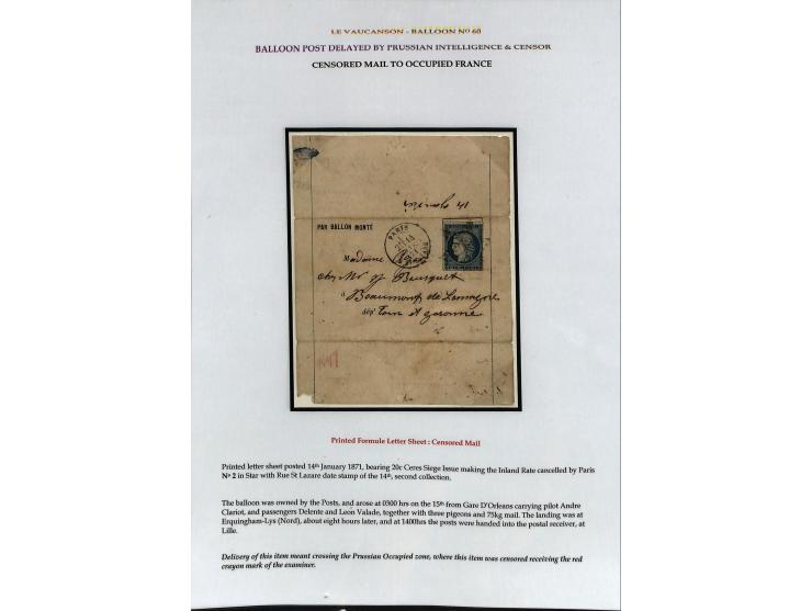 BALLON MONTÉ: 1870/71, Sammlungsbestand von über 50 Briefen, meist ausstellungsmäßig aufgezogen und ausführlich beschrieben, 
