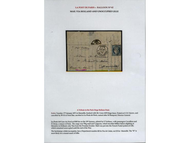 BALLON MONTÉ: 1870/71, Sammlungsbestand von über 50 Briefen, meist ausstellungsmäßig aufgezogen und ausführlich beschrieben, 